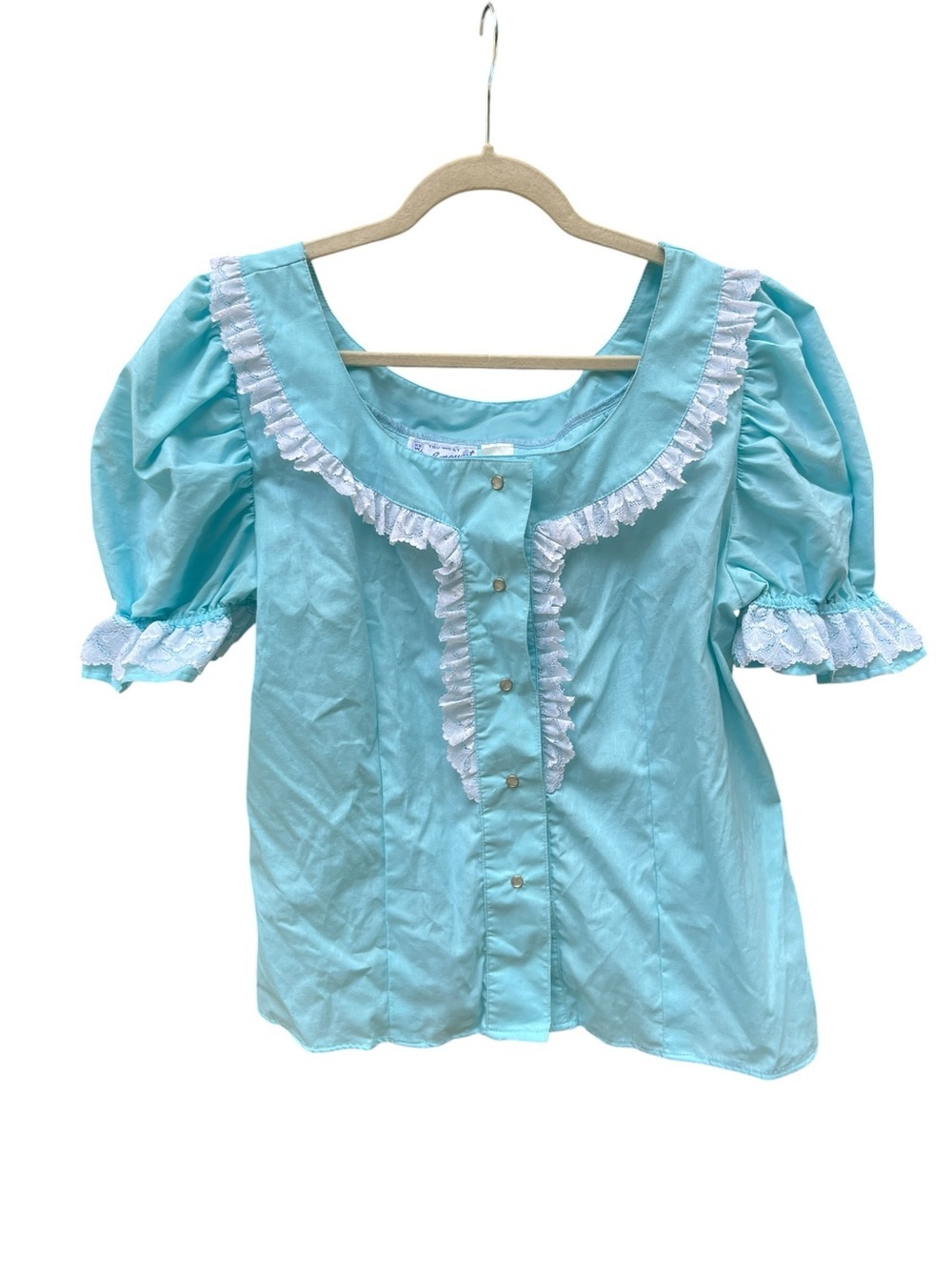 Vintage Rockmount West Wear Blue Ruffled Puff-Sleeve Snap Button Women's Top